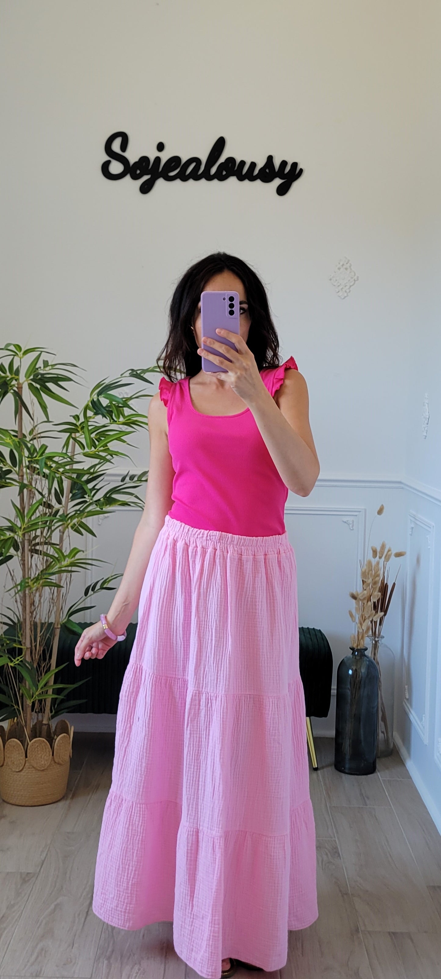 Jupe longue gaze de coton Rose clair