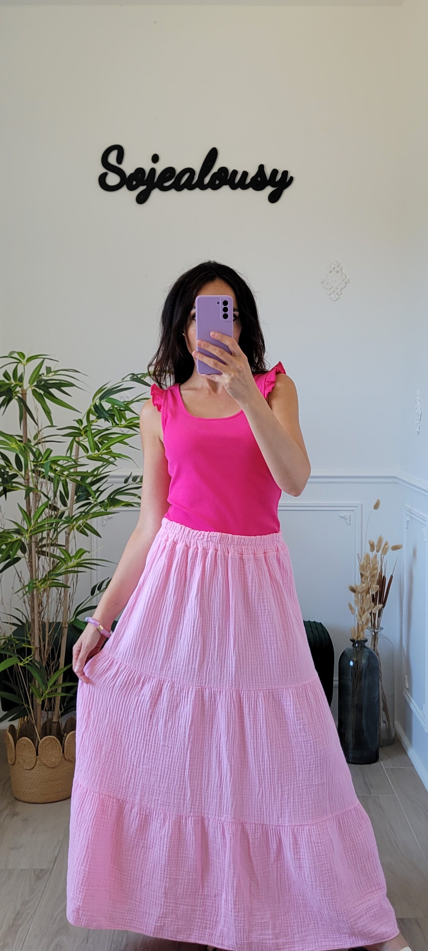 Jupe longue gaze de coton Rose clair