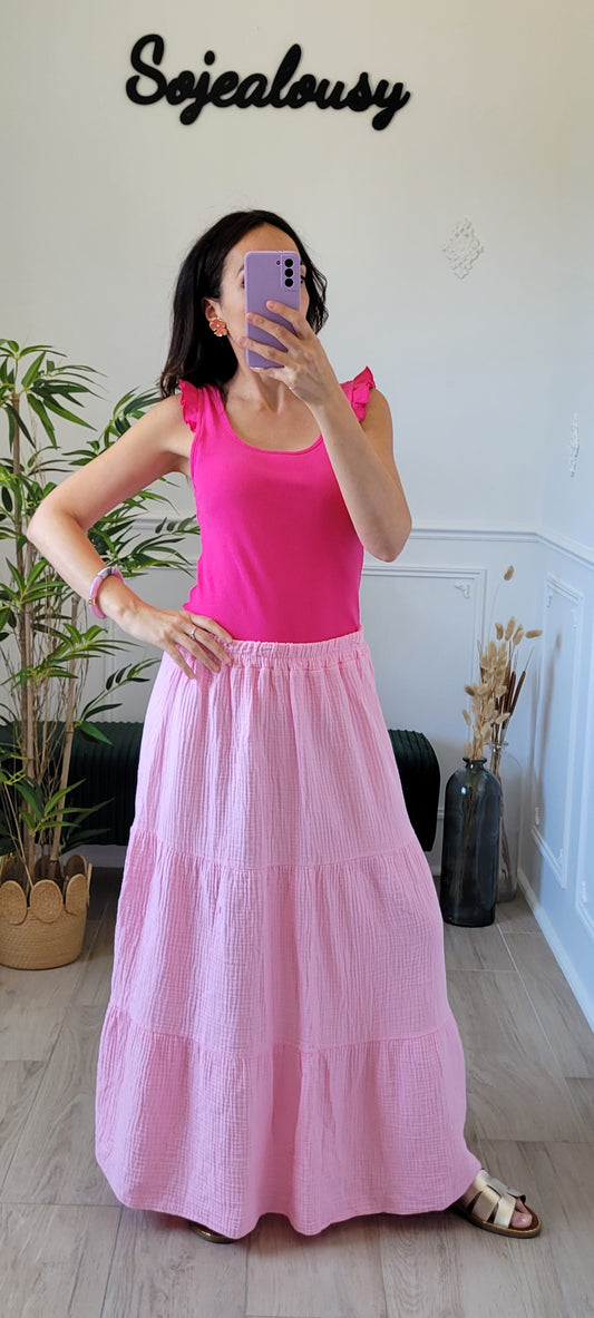 Jupe longue gaze de coton Rose clair